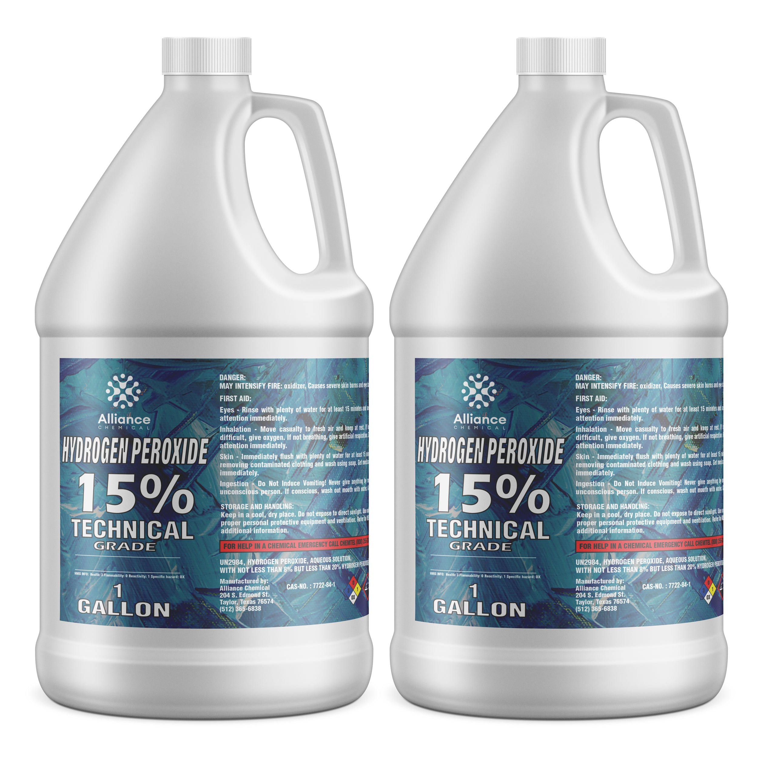1-gallon HDPE jugs of Alliance Chemical 15% Technical Grade Hydrogen Peroxide, featuring safety warnings and blue gradient labels with hazmat diamond symbol.